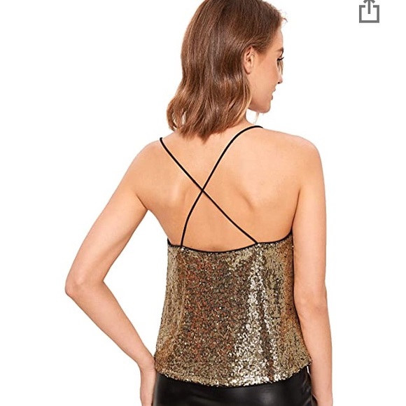 Sparkling spaghetti strap gold sequin top. - Picture 2 of 5